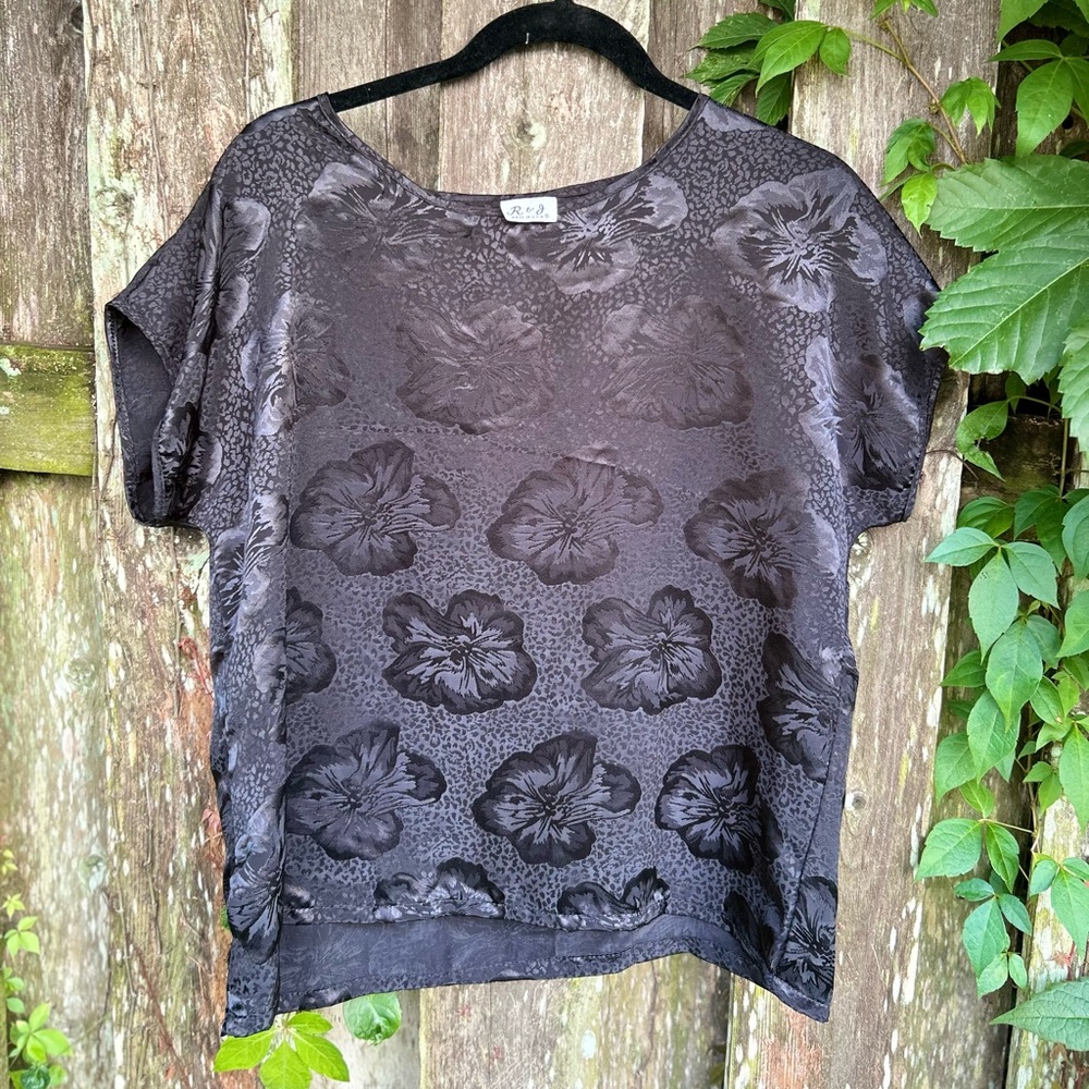 Vintage R&J Black Floral Satin Blouse – Made in USA